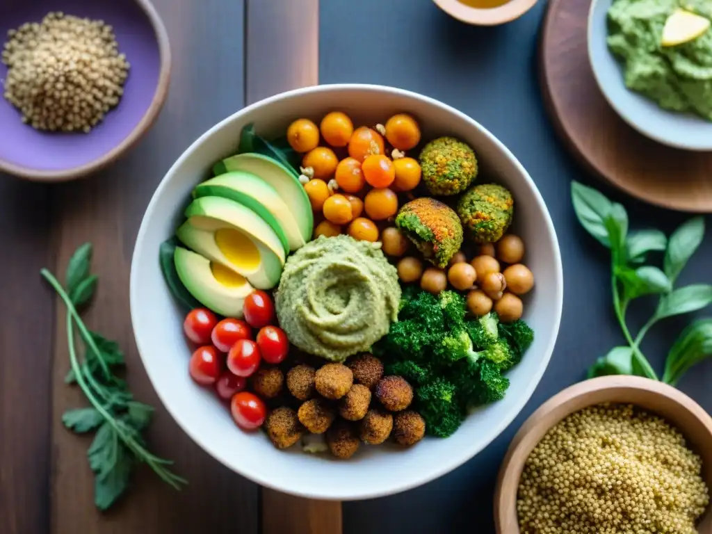 Una vibrante Buddha bowl con recetas sin gluten innovadoras, como ensalada de quinua, vegetales asados, aguacate y falafel de garbanzos