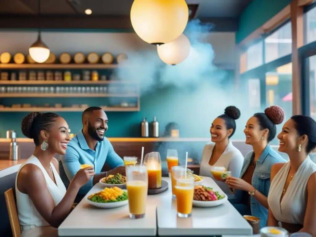 Un vibrante café lleno de gente diversa disfrutando de comidas y bebidas sin gluten en un ambiente acogedor y bullicioso