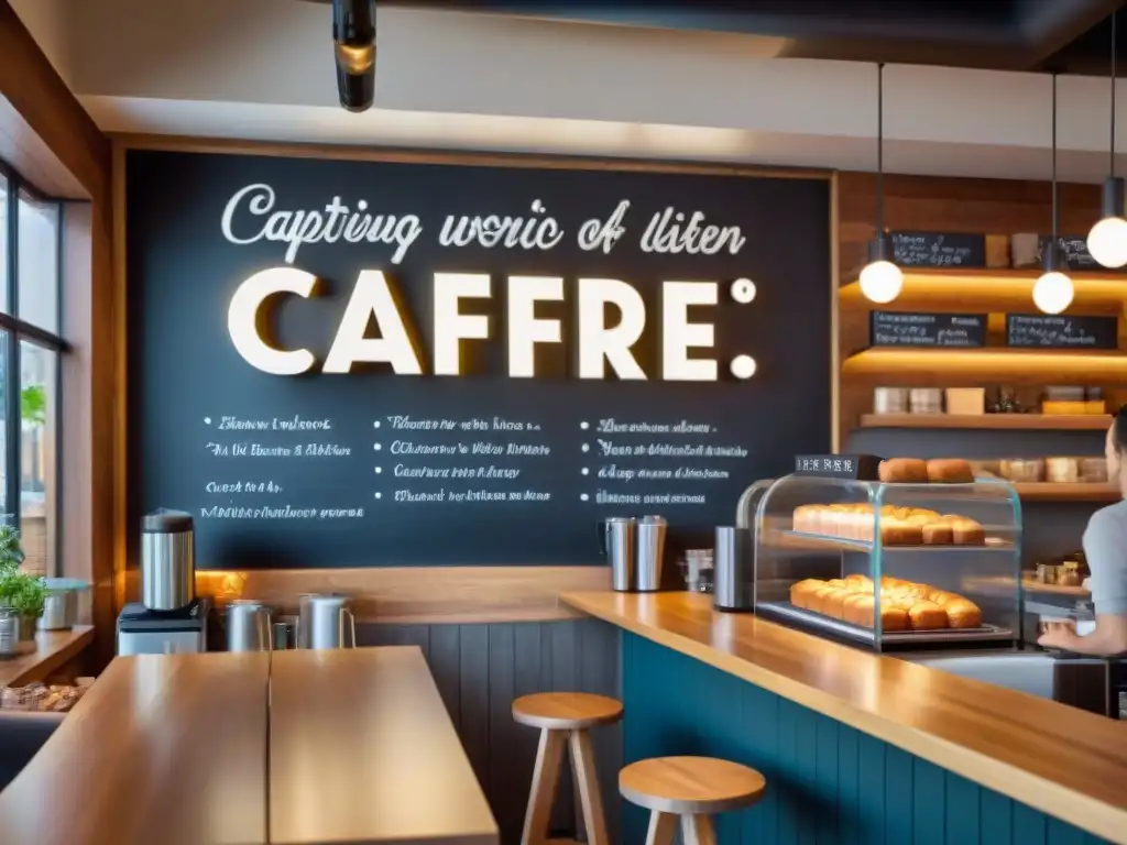 Vibrante cafetería sin gluten innovadora con pastelería artesanal y clientes diversos en mesas de madera elegantes