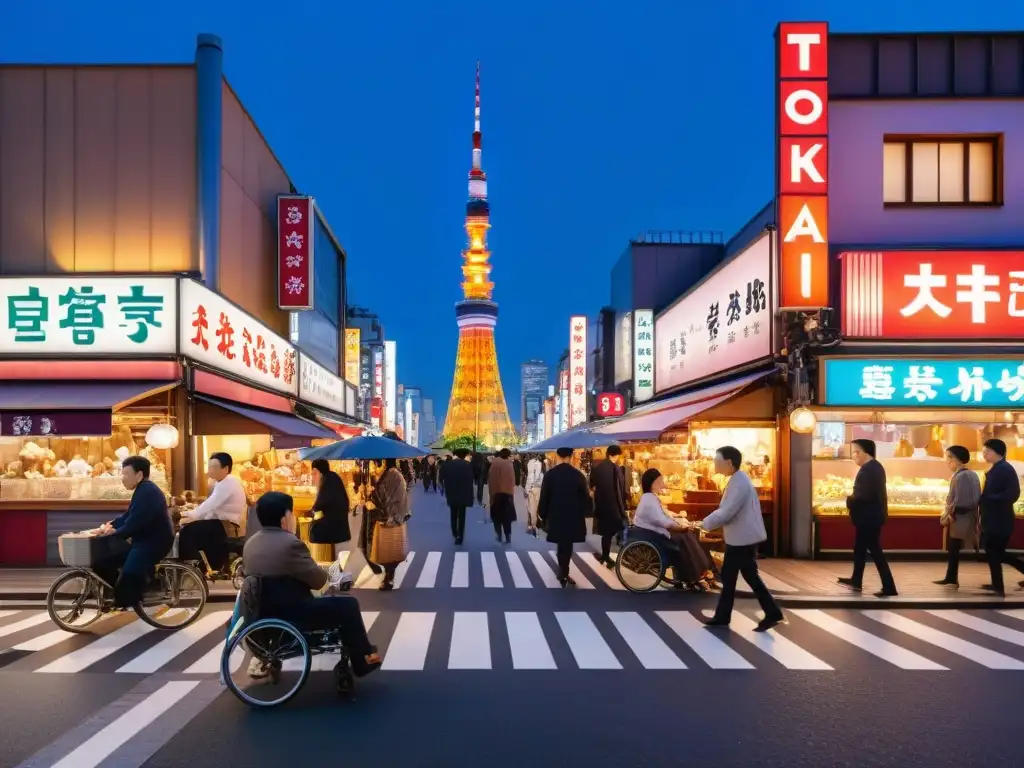 Vibrante calle de Tokio sin gluten para celíacos, con diversidad de personas y restaurantes tradicionales japoneses bajo neones