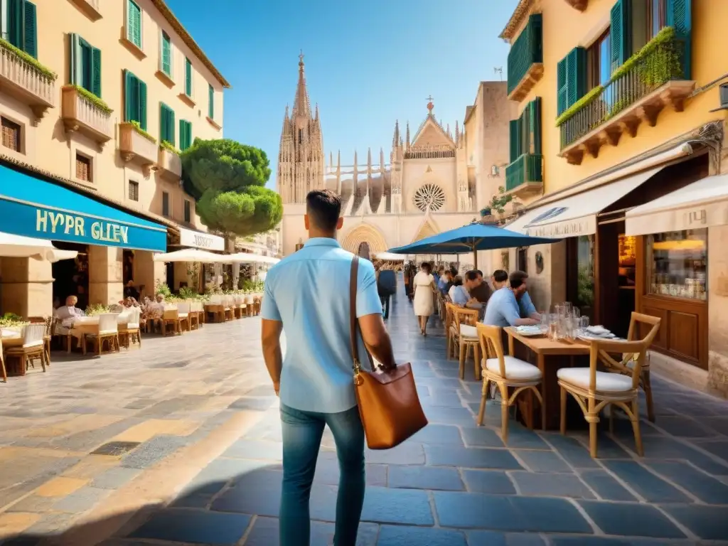 Vibrante calle de Palma de Mallorca sin gluten: coloridos edificios, cafeterías encantadoras y la catedral de fondo