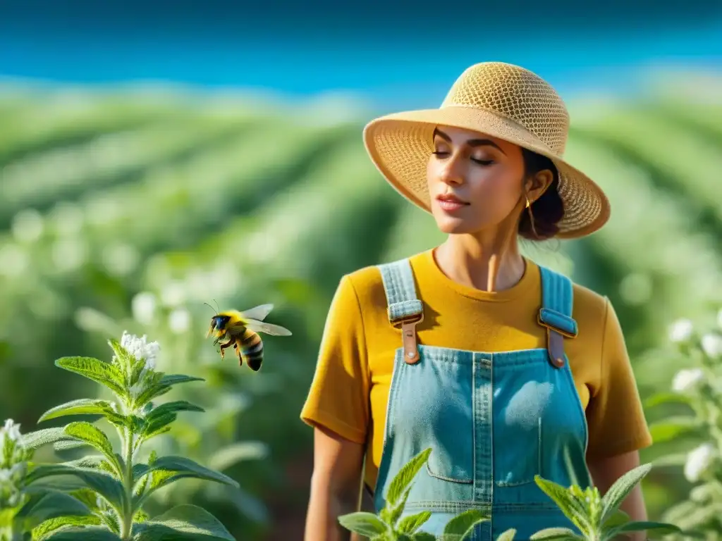 Cultivo de stevia: biodiversidad y sostenibilidad en un campo verde Plantación de stevia vibrante en un campo verde, con abejas polinizando