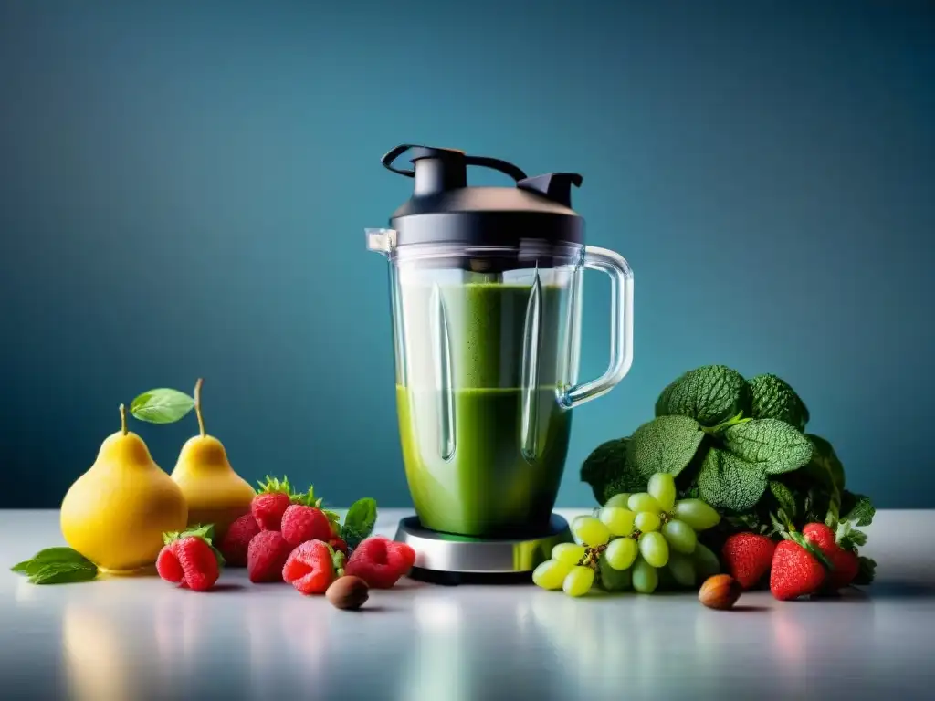 Vibrante cocina con la mejor licuadora para smoothies sin gluten, ingredientes frescos y luz suave