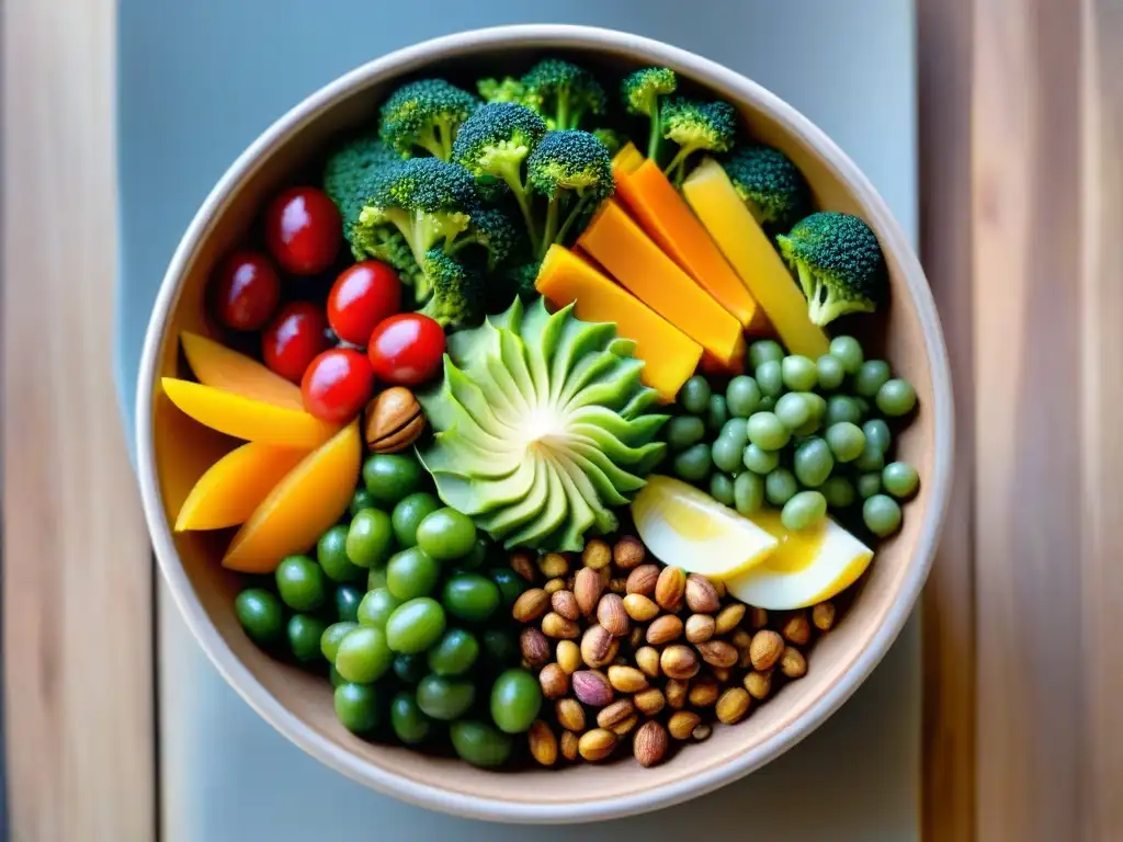 Una vibrante y colorida Buddha bowl con ingredientes frescos, frutas, nueces y semillas, sobre una mesa de madera iluminada naturalmente