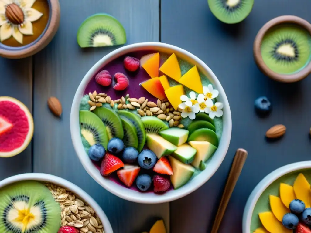 Una vibrante y colorida composición de bowls de smoothie, con frutas frescas y flores comestibles, sobre una mesa rústica