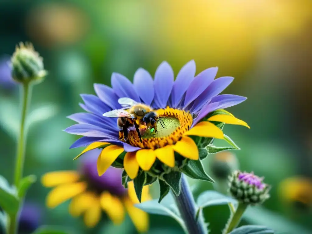 Un jardín vibrante y colorido atrae abejas a un huerto sin gluten con flores en plena floración