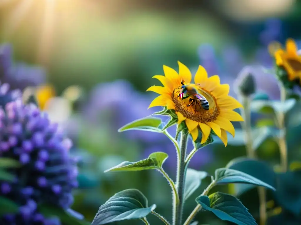 Un jardín vibrante y colorido atrae abejas en un perfecto equilibrio con la naturaleza