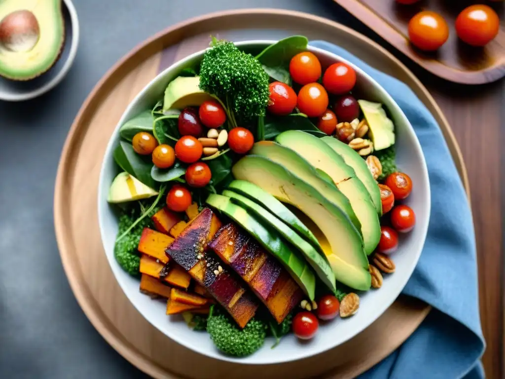 Ensalada vibrante de quinoa y aguacate en plato rústico Un vibrante y colorido plato sin gluten, con texturas y sabores variados