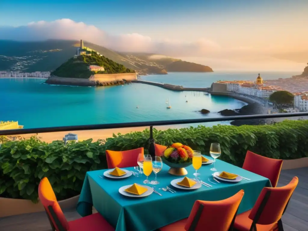 Un rincón sin gluten en San Sebastián: terraza vibrante con comensales felices y platos deliciosos, con vista a la playa de La Concha al atardecer