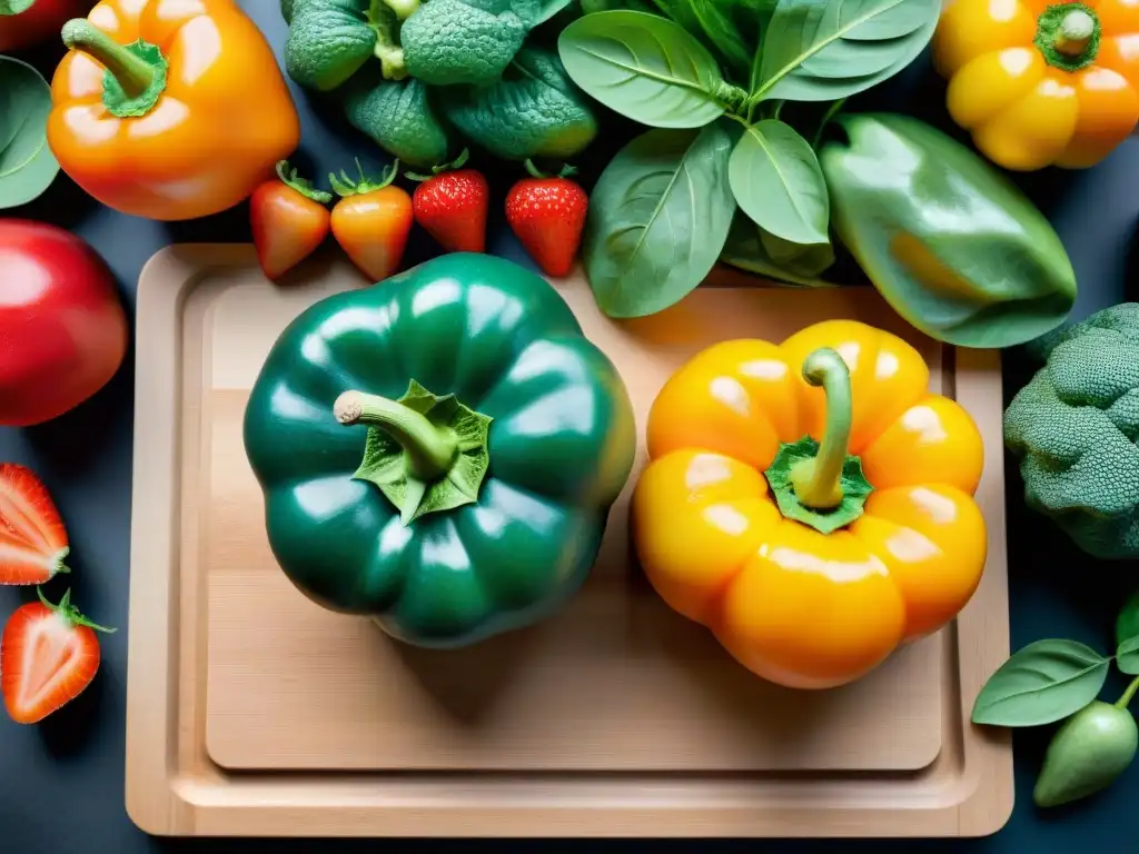 Una vibrante composición de frutas y verduras frescas sobre tabla de cortar de madera, destacando la importancia de vitaminas sin gluten