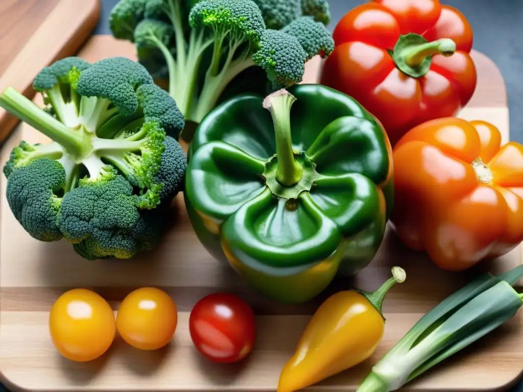 Una vibrante composición de vegetales coloridos como pimientos, brócoli, zanahorias y tomates cherry en una tabla de cortar de madera