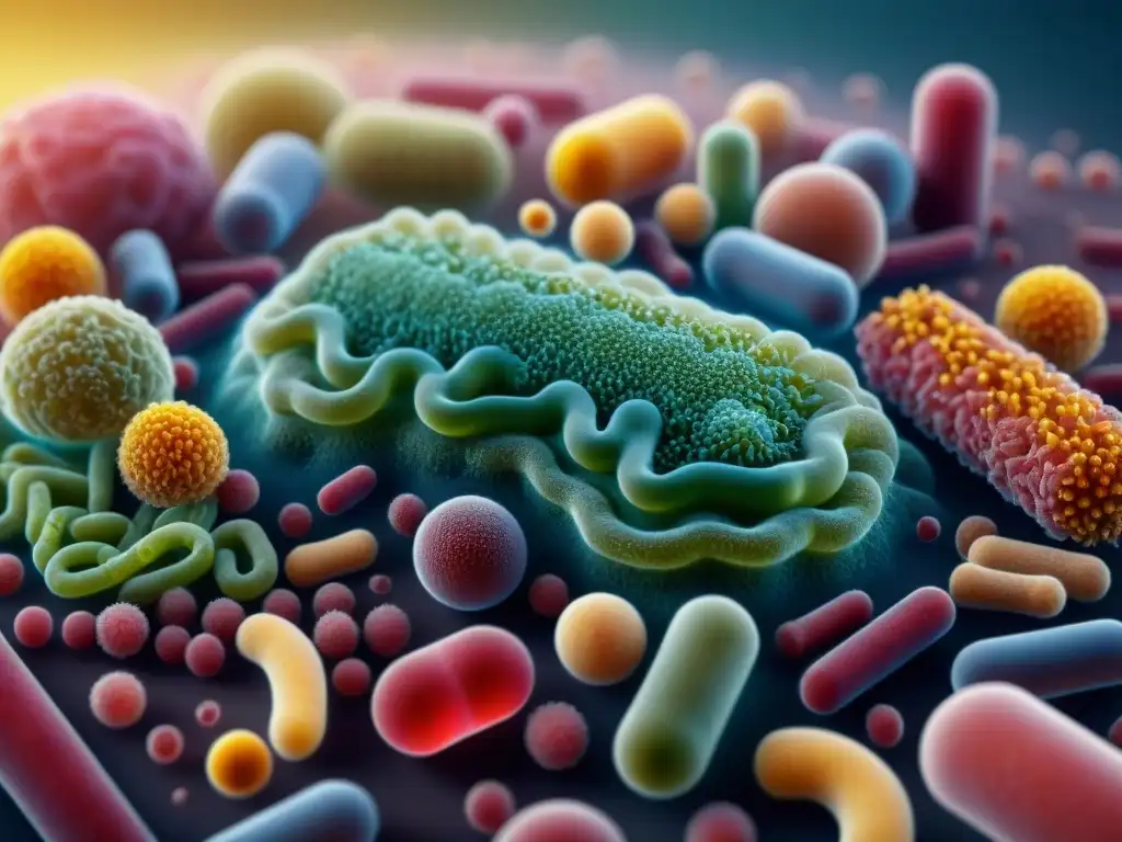 Una vibrante comunidad de bacterias saludables en un intestino bullicioso, destacando los beneficios de una dieta sin gluten en la salud intestinal