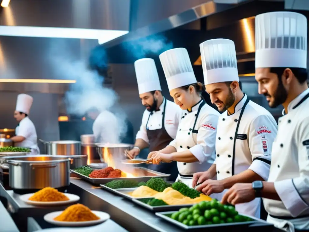 Un vibrante concurso de chefs en una cocina bulliciosa, preparando platos sin gluten