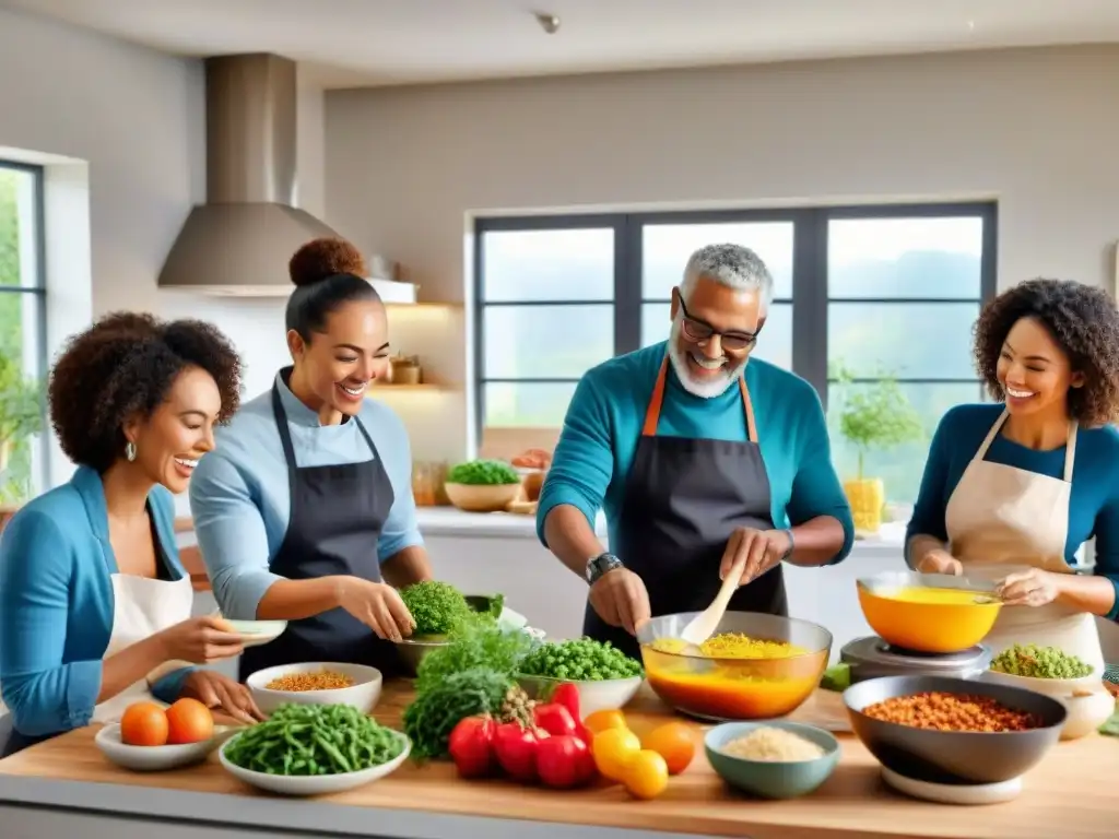 Un vibrante curso de verano sin gluten: personas de diversas edades y orígenes cocinando felices en una cocina soleada y espaciosa