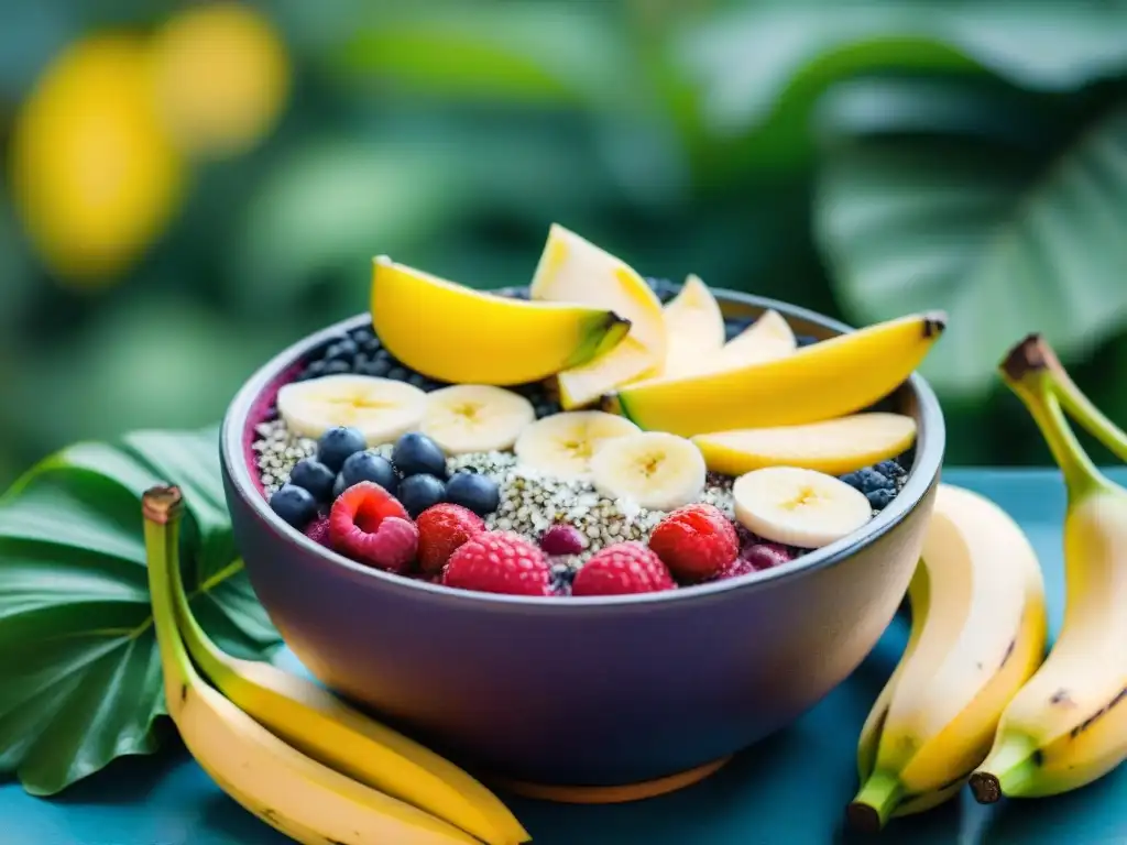 Un vibrante desayuno vegano sin gluten rebosante de energía, con un tazón de açaí rodeado de frutas frescas en un jardín exuberante