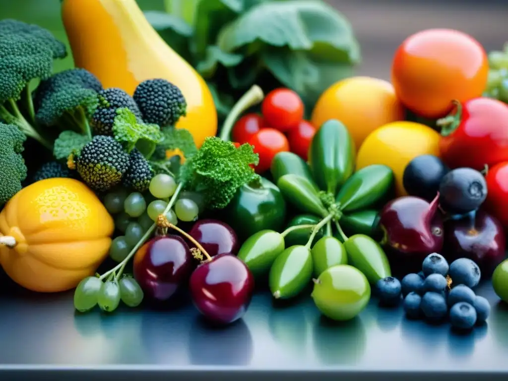 Una vibrante y detallada exhibición de frutas y verduras frescas en una obra de arte, ideal para la dieta sin gluten y deporte