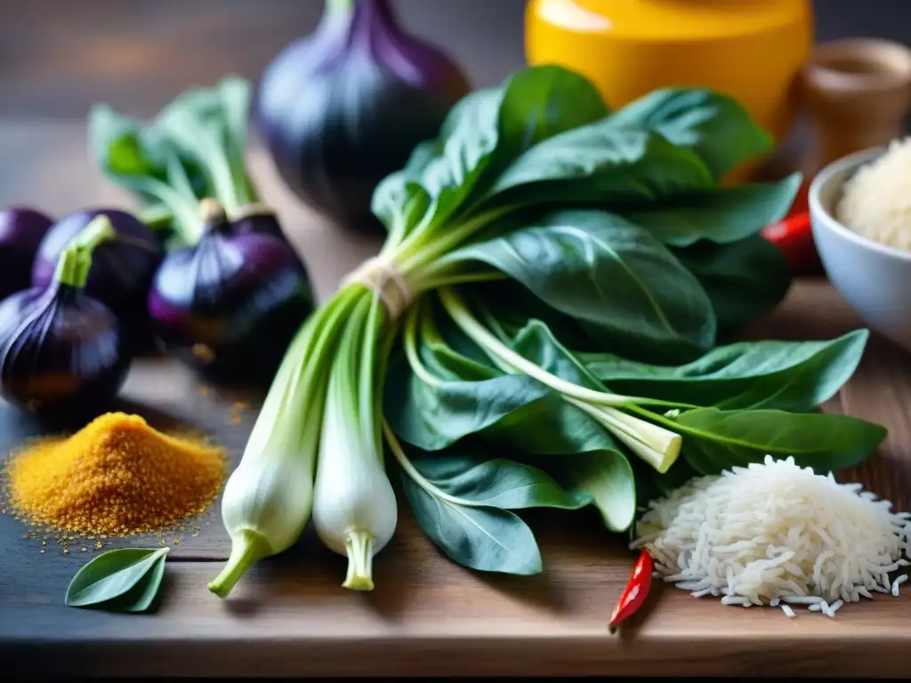 Una vibrante y detallada imagen de ingredientes asiáticos sin gluten en una mesa de madera rústica