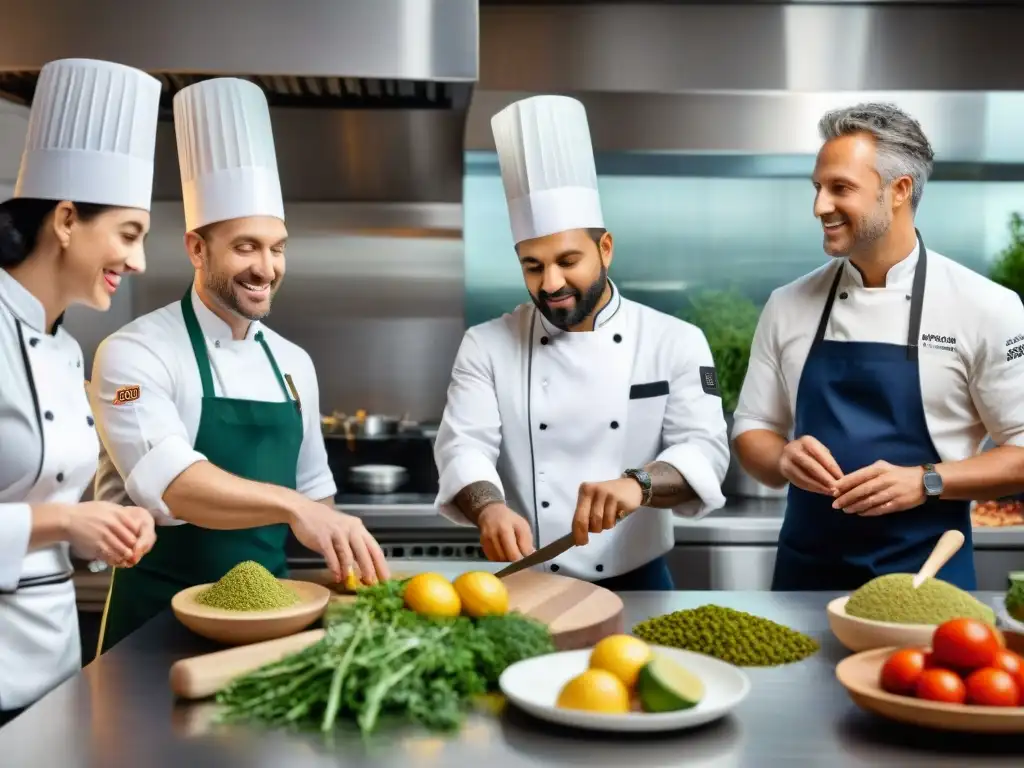 Un vibrante encuentro culinario global en una cocina australiana innovadora, con chefs intercambiando ideas sin gluten