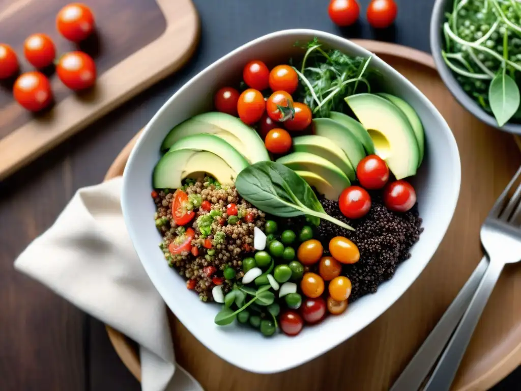 Una vibrante ensalada de quinoa con ingredientes frescos en una mesa de madera rústica, ideal para recetas sin gluten con quinoa