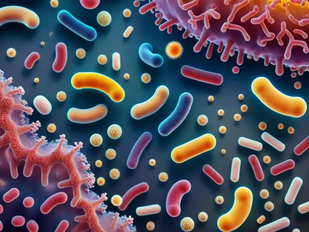 Un vibrante equilibrio microbiota intestinal sin gluten en formas y colores diversos, interactuando en armonía en el intestino humano