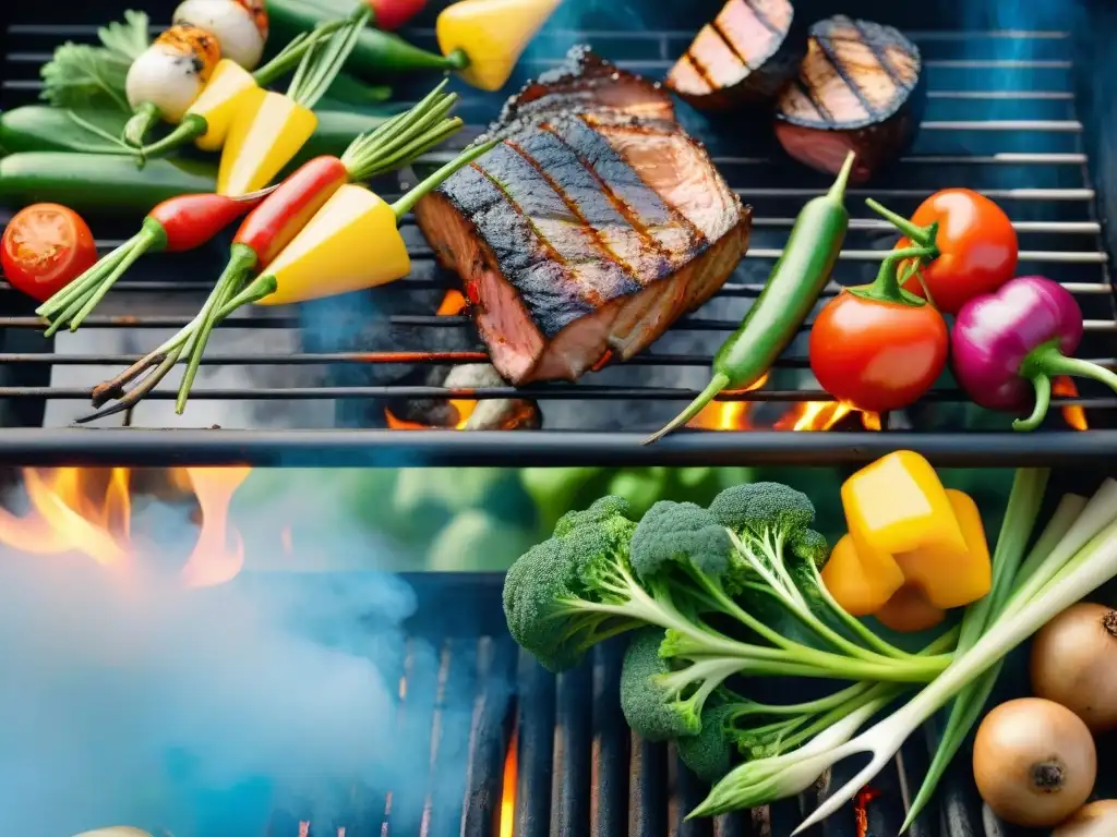 Una vibrante escena de barbacoa al aire libre sin gluten, con carnes y vegetales a la parrilla, amigos y familia disfrutando bajo el sol