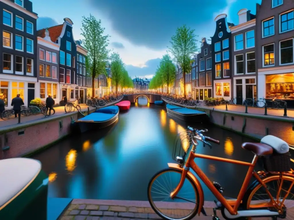 Vibrante escena callejera en Ámsterdam con bicicletas coloridas, casas canal y puestos de mercado