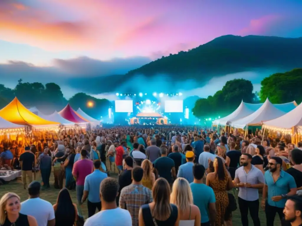 Una vibrante escena de festival de música sin gluten con diversidad y energía, bajo un cielo estrellado