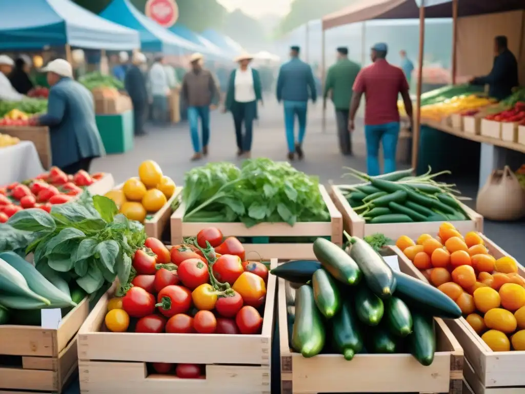 Vibrante escena de mercado con alimentos frescos, diversidad y lema 'Combatir el Desperdicio Alimentario'