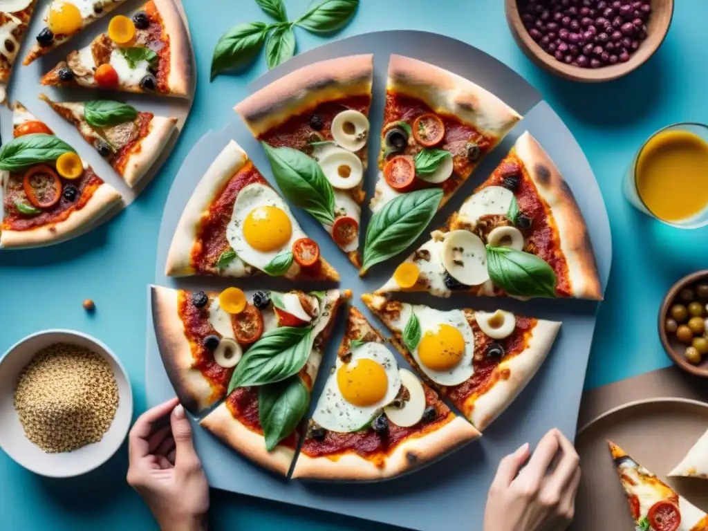 Una vibrante escena en un mercado con personas disfrutando de Pizzas sin gluten: mejores bases