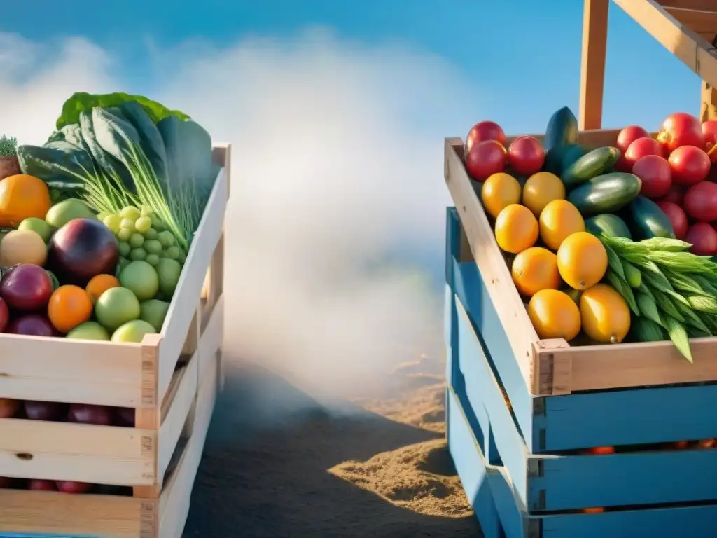 Una vibrante escena de un mercado agrícola lleno de vida, con frutas y verduras frescas bajo un cielo azul