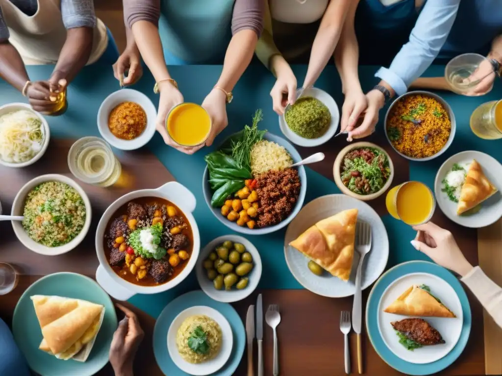 Exquisita comida sin gluten: alegría y comunidad en la mesa Vibrante escena de personas disfrutando un festín sin gluten con sustitutos innovadores