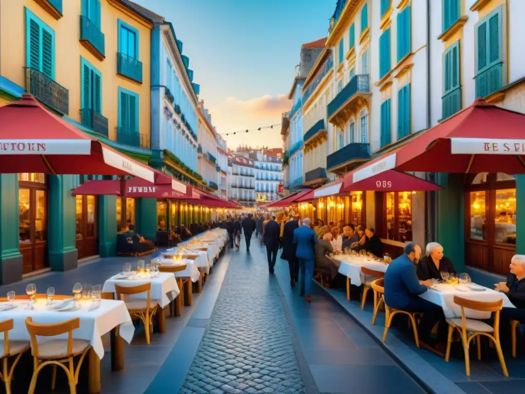 Vibrante escena de restaurantes sin gluten en Santander, con clientes disfrutando deliciosas comidas al aire libre bajo la cálida luz del sol