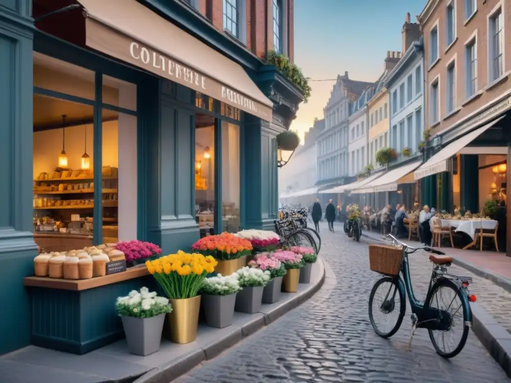 Vibrante escena urbana con cafés, boutiques y terrazas llenas de gente disfrutando de pastelería sin gluten y café al atardecer