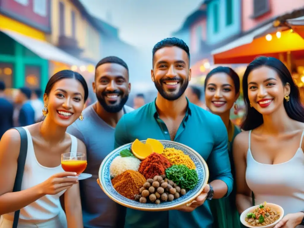 Una vibrante escena de viajeros sonrientes disfrutando de platos sin gluten de todo el mundo