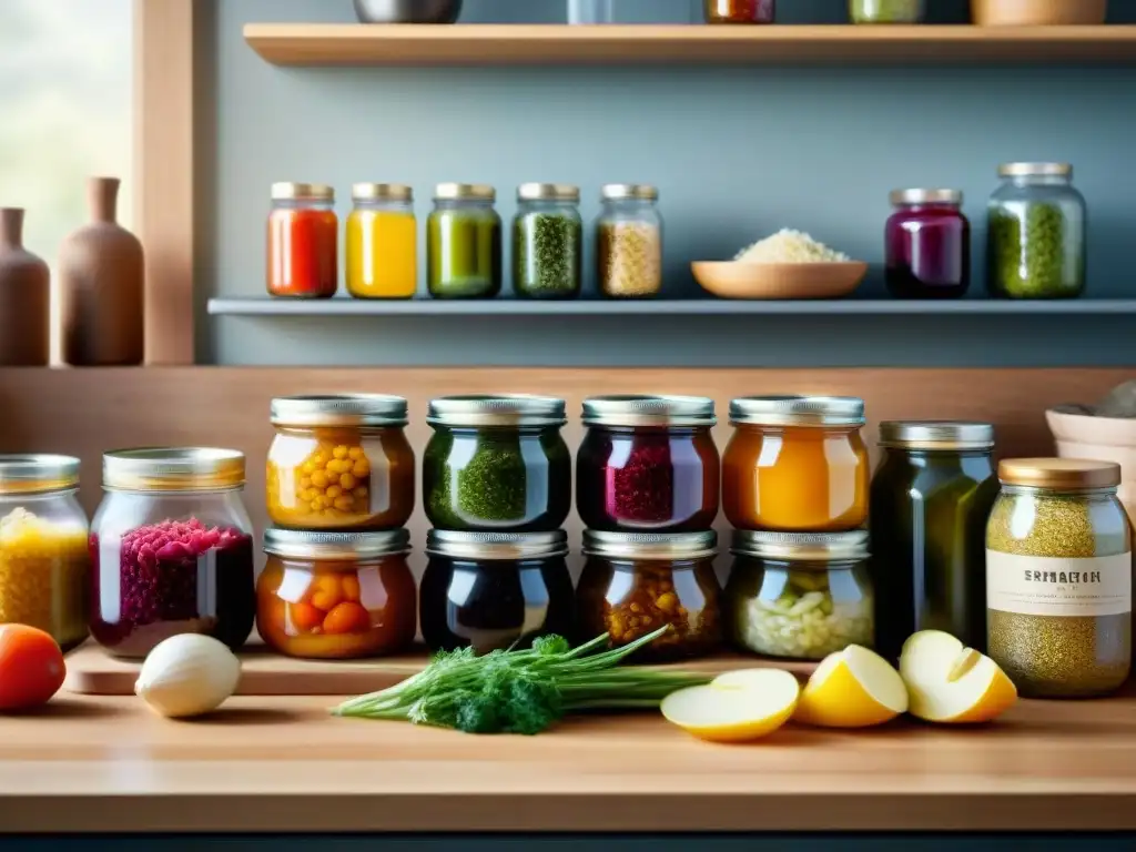 Un vibrante escenario de cocina con alimentos probióticos sin gluten fermentando en frascos y platos, mostrando el proceso de fermentación natural