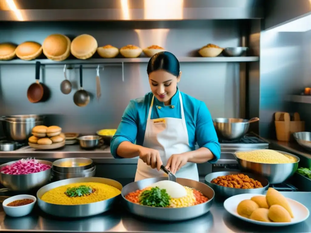 Un vibrante escenario de cocina latina sin gluten, con chef preparando ceviche, arepas y empanadas