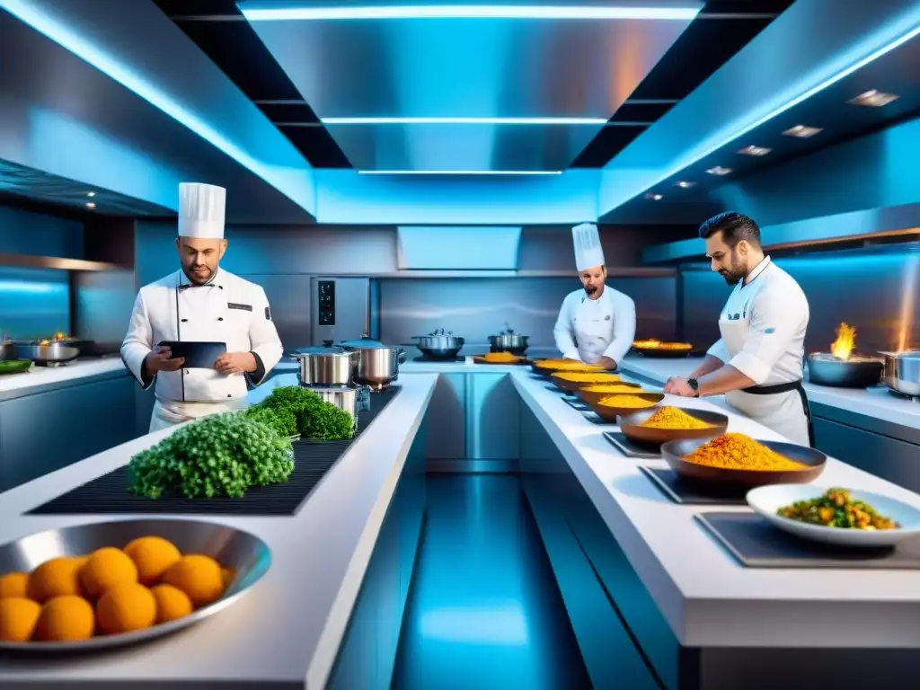 Un vibrante escenario futurista de cocina con chefs apasionados preparando platos sin gluten con técnicas innovadoras y gadgets de alta tecnología