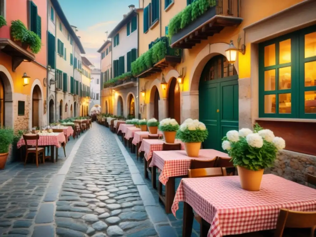 Un vibrante escenario italiano con encantadoras trattorias, mesas al aire libre y platos sin gluten