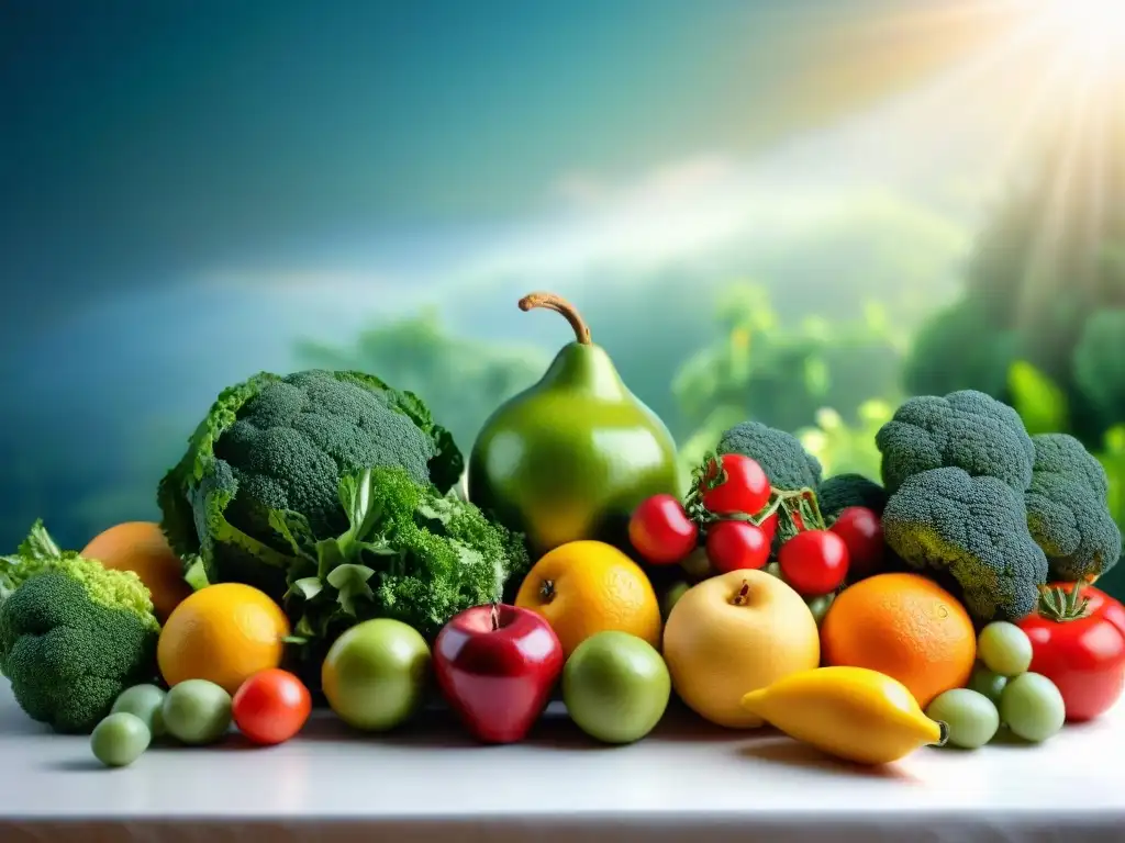 Una vibrante exhibición de alimentos preparados sin gluten saludables, con una variedad colorida y fresca de frutas y verduras