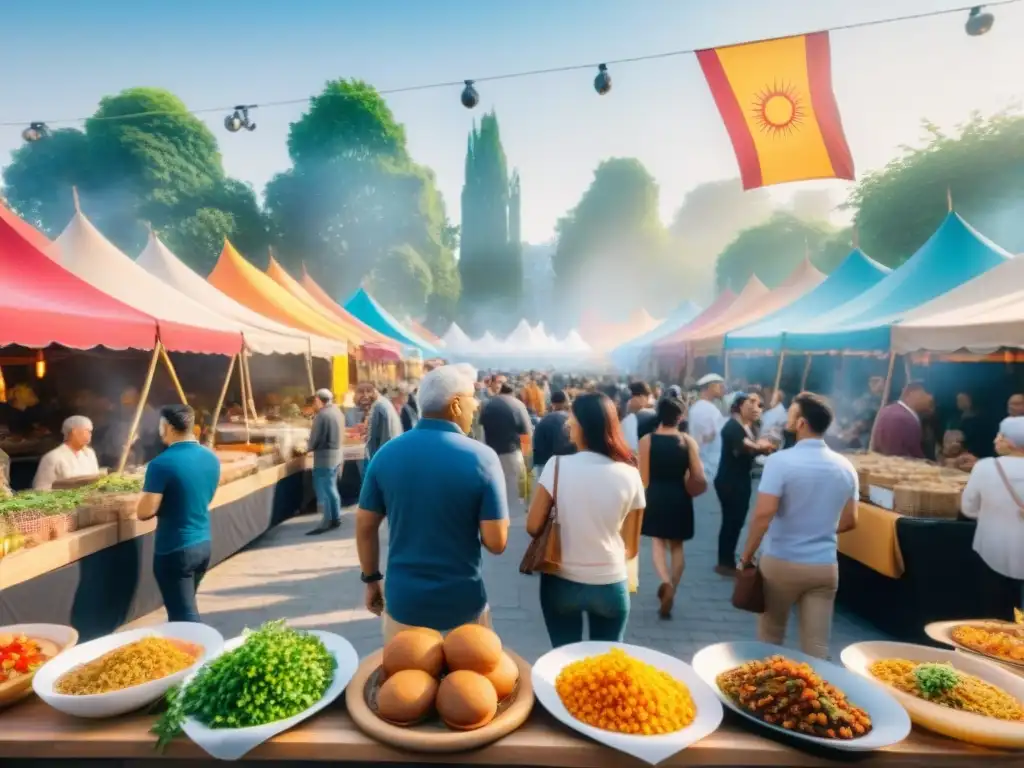 Un vibrante festival de comida al aire libre con puestos de comida coloridos y variados platillos sin gluten de todo el mundo