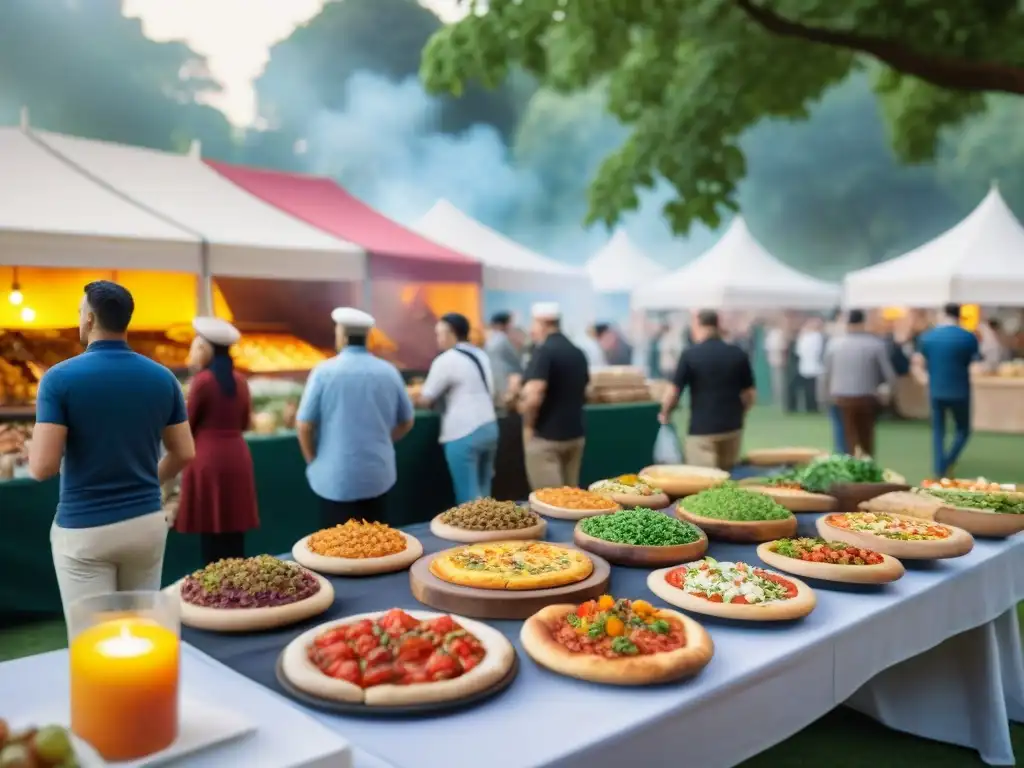 Un vibrante festival de comida sin gluten en un parque pintoresco, con puestos coloridos y visitantes felices disfrutando de delicias culinarias