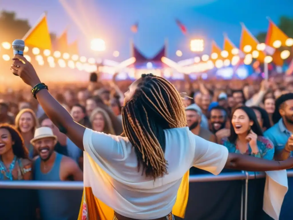 Vibrante festival de música sin gluten con gente diversa bailando y cantando en vivo