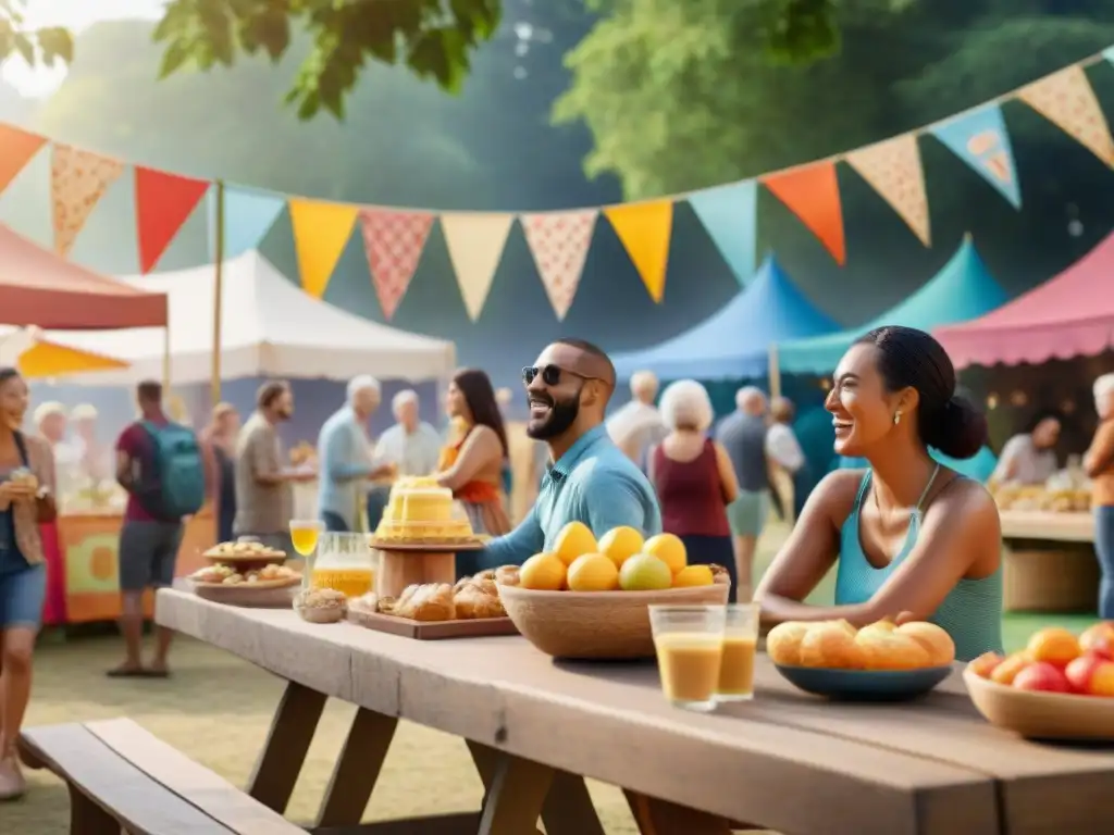 Un vibrante festival sin gluten alrededor, con gente de todas las edades disfrutando de delicias y compartiendo risas en un parque pintoresco