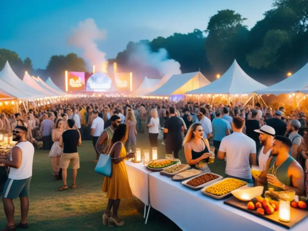 Un vibrante festival de música con multitud diversa disfrutando de la música en vivo bajo un cielo estrellado, con opciones de comida sin gluten