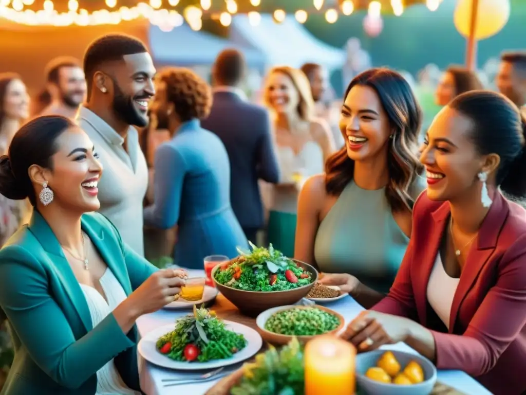 Una vibrante fiesta al aire libre con gente diversa riendo y disfrutando de deliciosos platillos glutenfree en un ambiente festivo