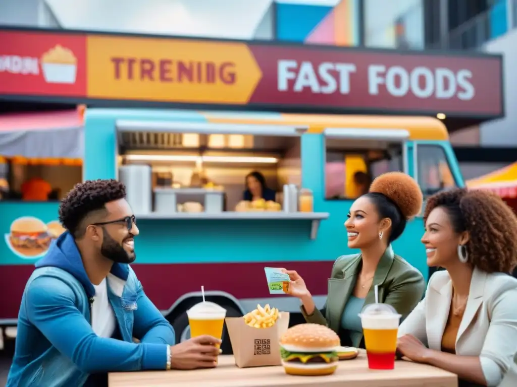 Un vibrante food court con marcas comida rápida sin gluten, gente diversa compartiendo y disfrutando