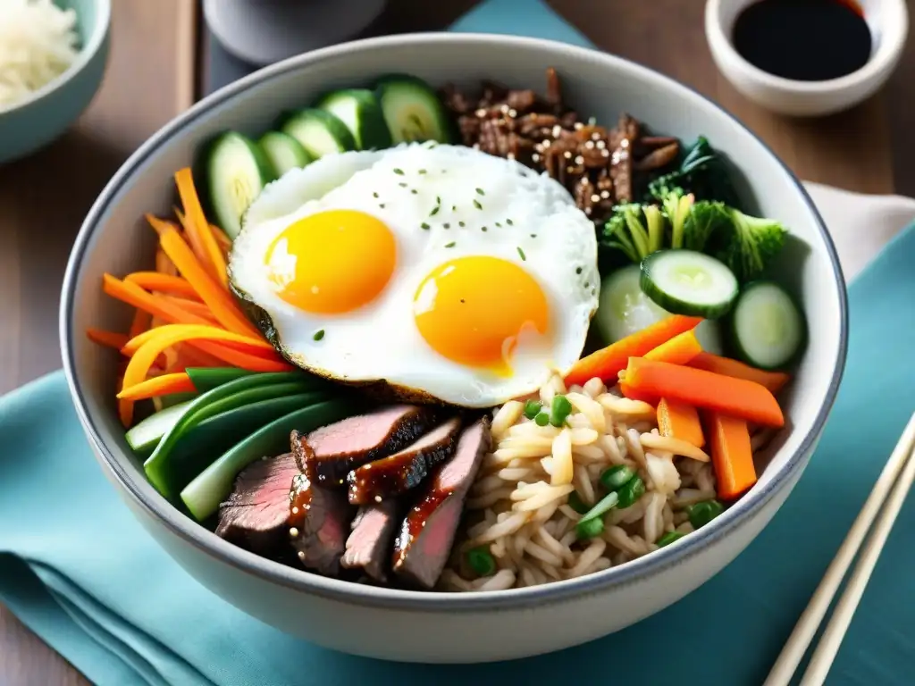 Un vibrante Bibimbap sin gluten con ingredientes innovadores en una tradicional piedra bowl