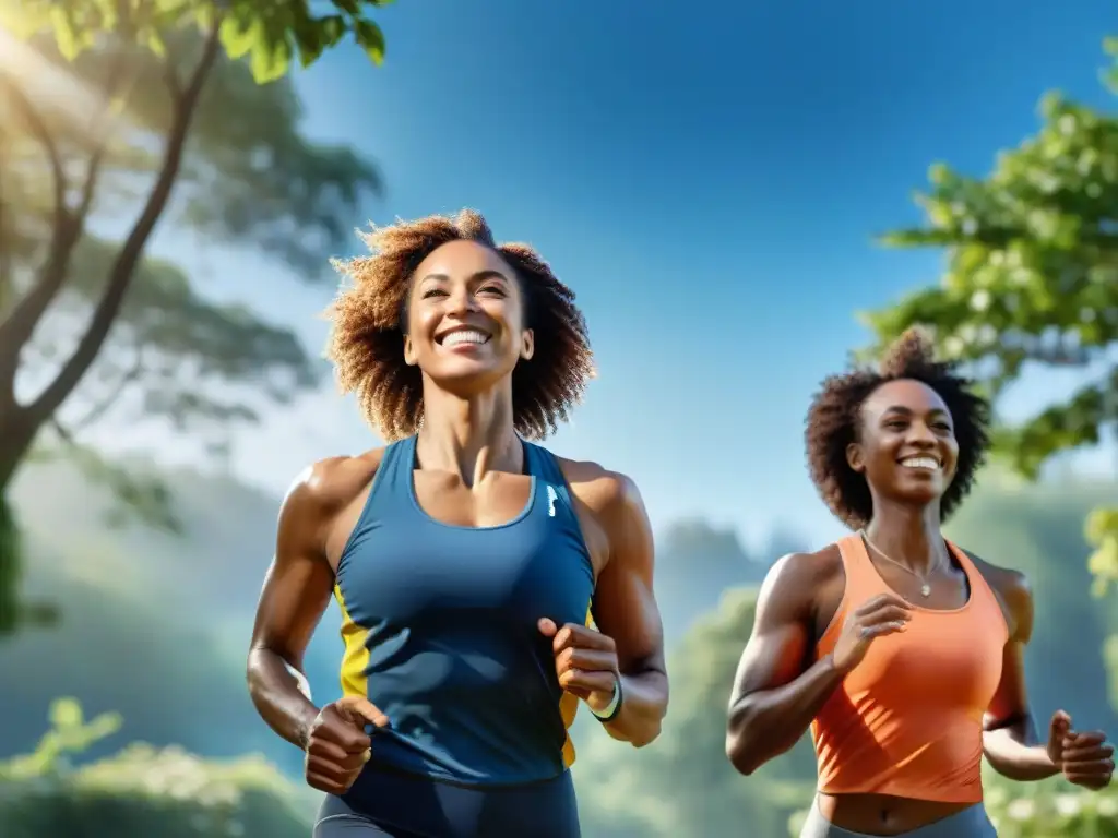 Un vibrante grupo de atletas sonrientes ejercitándose juntos en el parque, destacando los suplementos sin gluten para la salud ósea