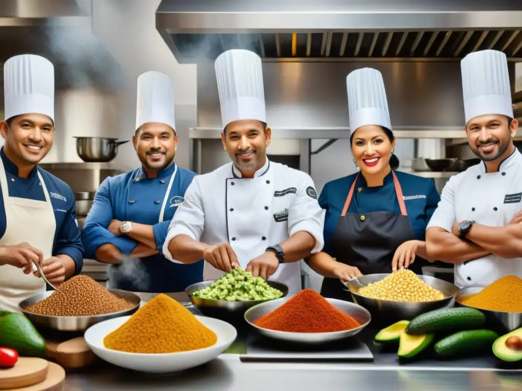 Chefs latinos apasionados crean platos sin gluten Un vibrante grupo de chefs latinos en una cocina bulliciosa preparando platos innovadores sin gluten