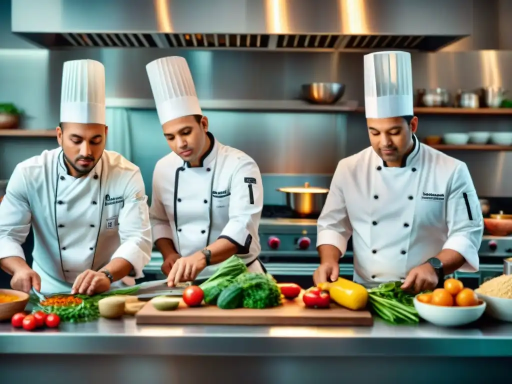 Equipo de chefs latinos revolucionando la cocina sin gluten Un vibrante grupo de chefs latinos en una innovadora cocina sin gluten, creando platos deliciosos con pasión y creatividad